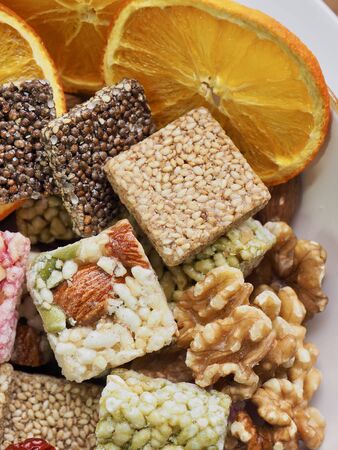 Korean traditional snacks Sweet Rice Puffs, Gangjeong and Nuts and Dried Orange and Jujubeの写真素材