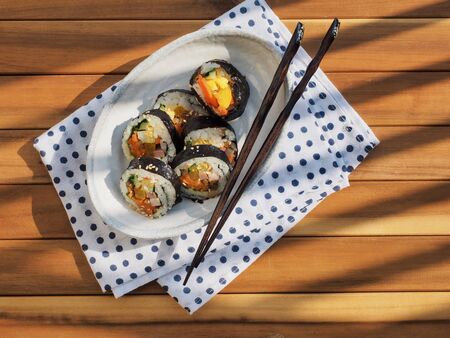 Korean food Vegetable Kimbab in Porcelain Bowlの写真素材