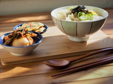 Korean traditional food Sliced ??Rice Cake Soup, Tteok and dumpling soupの写真素材