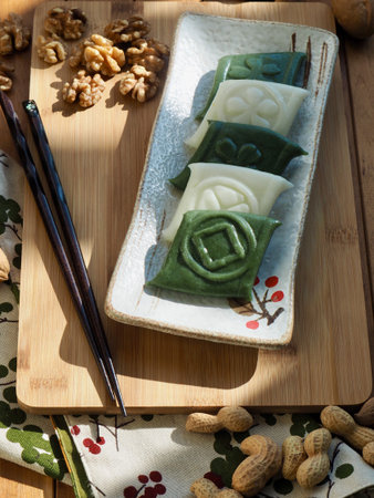 Korean traditional food jeolpyeon, pounded rice cake and Walnut