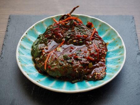 Korean food, Pickled Perilla Leaves, Sesame leaf soy sauceの写真素材
