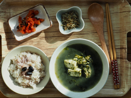 Korean food Capsosiphon fulvescens oyster tofu soupの写真素材