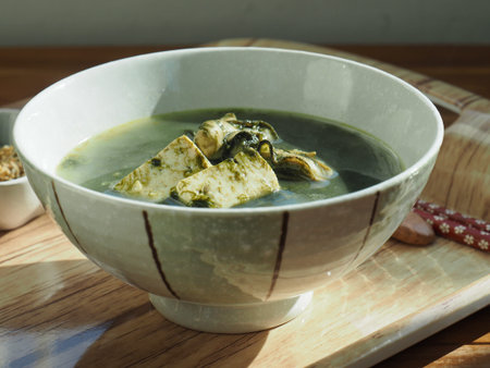 Korean food Capsosiphon fulvescens oyster tofu soupの写真素材