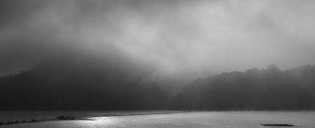 Korea Cheongju City Daecheong Lake Morning, Water fog scenery, monochrome photography