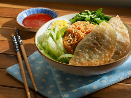Korean food Bibim noodles, Bibim guksu and dumpling