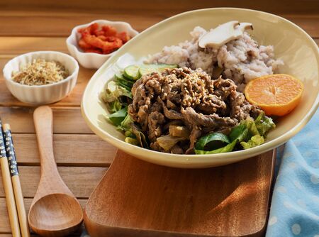 Korean traditional food beef bulgogi and with Riceの写真素材