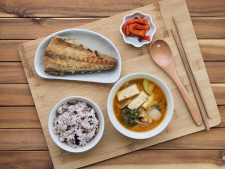 Korean home food, Set Menu with Grilled Mackerelの写真素材