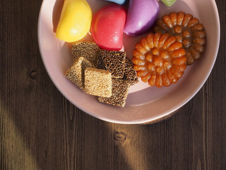 Korean food Songpyeon, half-moon-shaped rice cake, Sweet Rice Puffs, Honey Cookie