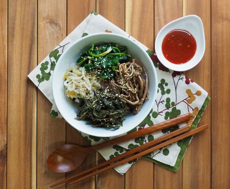 Korean traditional food Rice mixed with vegetables, wild greensの写真素材