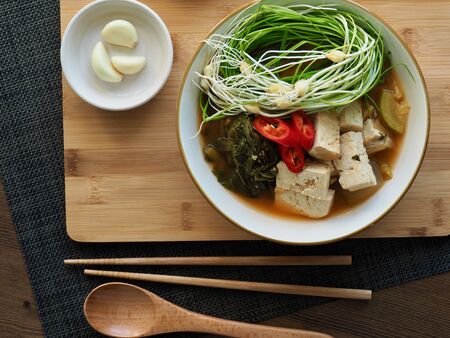 Korean food wild chive and dried radish greens Soybean Paste Soupの写真素材