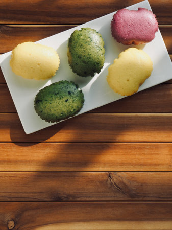 Asian Food, Yellow, green and purple rice cakeの写真素材