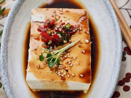 Asian food soft tofu and Soy sauce