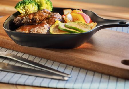Beef Hamburger steak, broccoli, Stir-fry vegetablesの写真素材