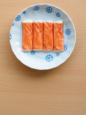 4 square crab meat served in a porcelain dishの写真素材