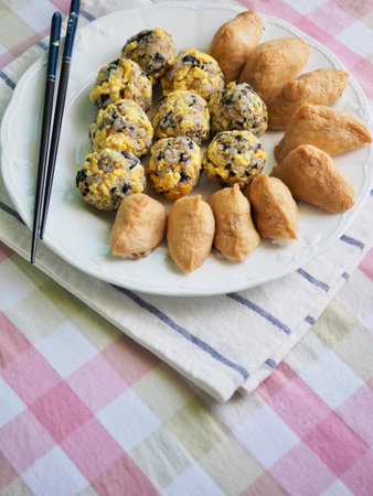 Asian food ham and vegetables rice balls and Yubu Sushi