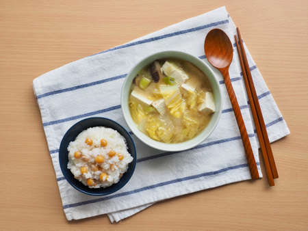 Asian food White rice and Cicer arietinum, Miso Soupの写真素材