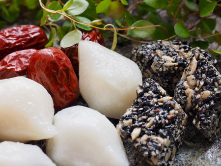 Korean food Songpyeon, half-moon-shaped rice cake, Sweet Rice Puffs, Jujube