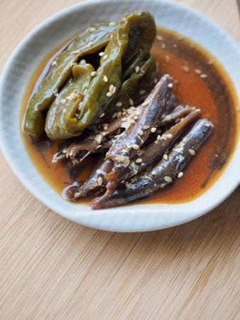 Korean food, simmered anchovy pepper in soy sauce