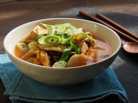 Korean traditional food kimchi tofu potato soupの写真素材