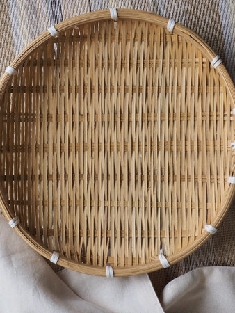 Circular shaped brown bamboo basketの写真素材