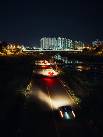 Korea, Cityscape, lights, cars, roads, buildingsの写真素材