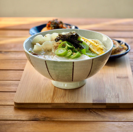 Korean traditional food Sliced Rice Cake Soup ,Tteok and dumpling soup