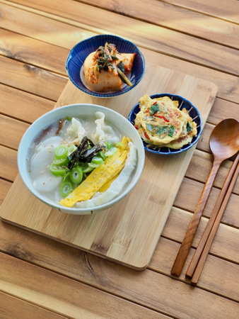 Korean traditional food Sliced Rice Cake Soup ,Tteok and dumpling soupの写真素材