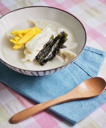 Korean traditional food Sliced Rice Cake Soup ,Tteok and dumpling soupの写真素材
