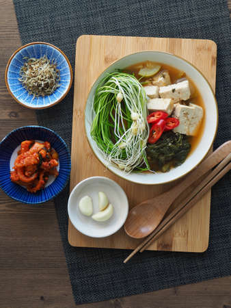 Korean traditional food wild chive Soybean Paste Soupの写真素材