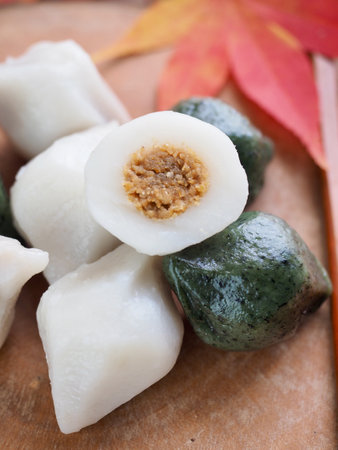 Korean food Songpyeon, rice cake and Maple leafの写真素材