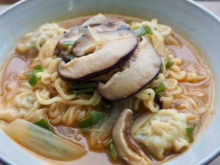 asian food shiitake mushroom dumplings ramenの写真素材