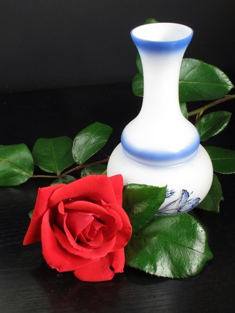 a pretty red rose with vase decorated with hints of black tableの写真素材