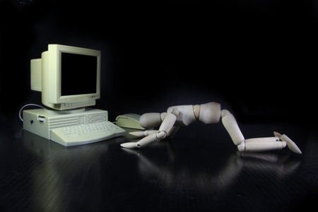 a worshiping an ancient humanoid computer on black background