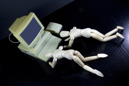 a worshiping an ancient humanoid computer on black backgroundの写真素材