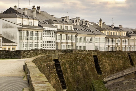 detail of typical buildings in the city of Lugo, spainのeditorial素材
