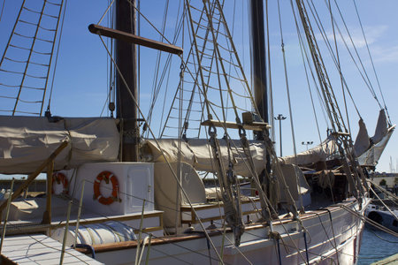 details of a beautiful old wooden sailboat
