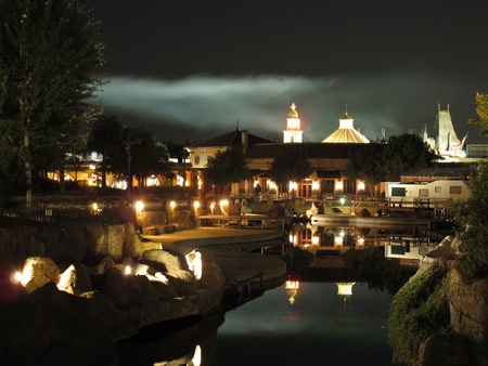 beautiful park with a pond illuminated at nightのeditorial素材