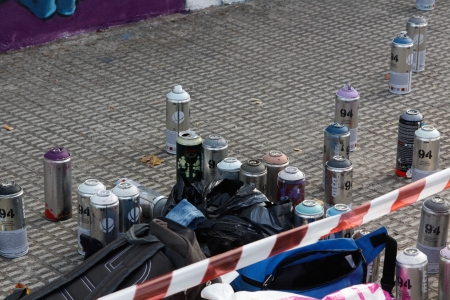 Madrid, SPAIN Sep 18 - The only tools used by artists during the festival to create his drawings - Graffiti and Dance first international festival, Aqui huele a pintura ,Spain September 2012のeditorial素材