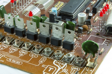 Electronic circuits mounted on a board with LEDsの写真素材