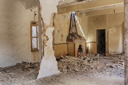 dilapidated housing interior destroyed by bomb explosionの写真素材