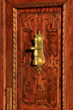Wooden door with brass knobの写真素材