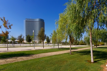 ZARAGOZA, SPAIN OCT 5: Modern building with glass architecture on October 5 2012, Water Tower, symbol of the Universal Exhibition in Zaragoza 2008.のeditorial素材