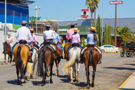 ANDUJAR,SPAIN - September, 6: men women and children involved walking on their mounts during the famous fair of the Andalusian horse on September, 6, 2014 in Andujar, Spainのeditorial素材