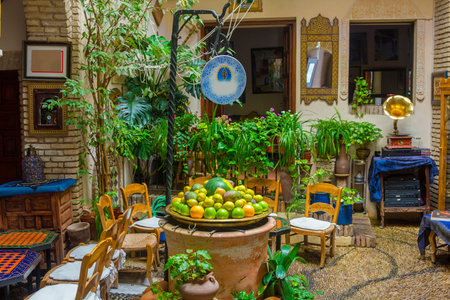 typical Andalusian courtyard decorated with flowers in the city of Cordoba, Spain