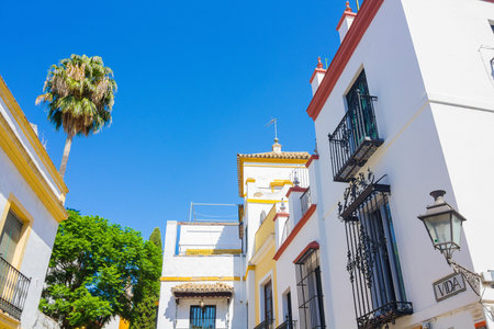 beautiful streets full of typical color of the Andalusian city of Seville, Spainのeditorial素材