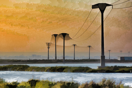 Abstract electricity transmission by towersのeditorial素材
