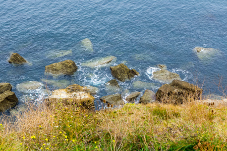 Crystal blue waters along rocks with seaweedの写真素材