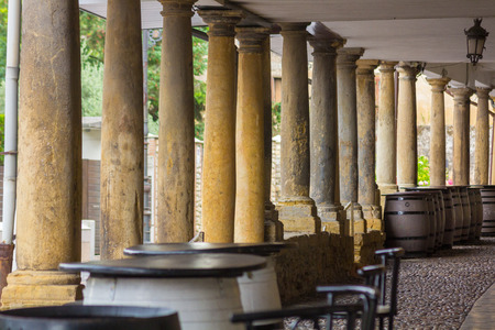 Arcades and columns famous ancient city of Aviles Spainの写真素材