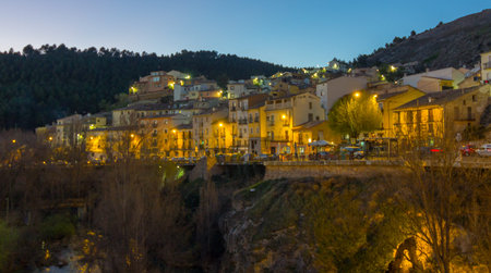 Homes night along cliff Cuenca, Spainの写真素材