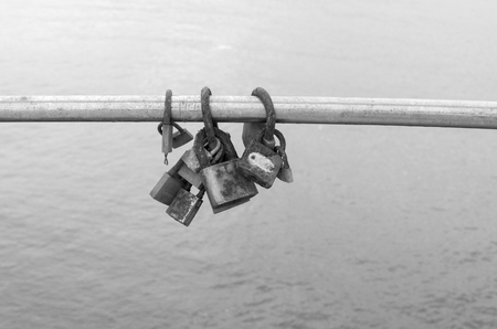 Rusty padlocks on a railing by the seaの写真素材